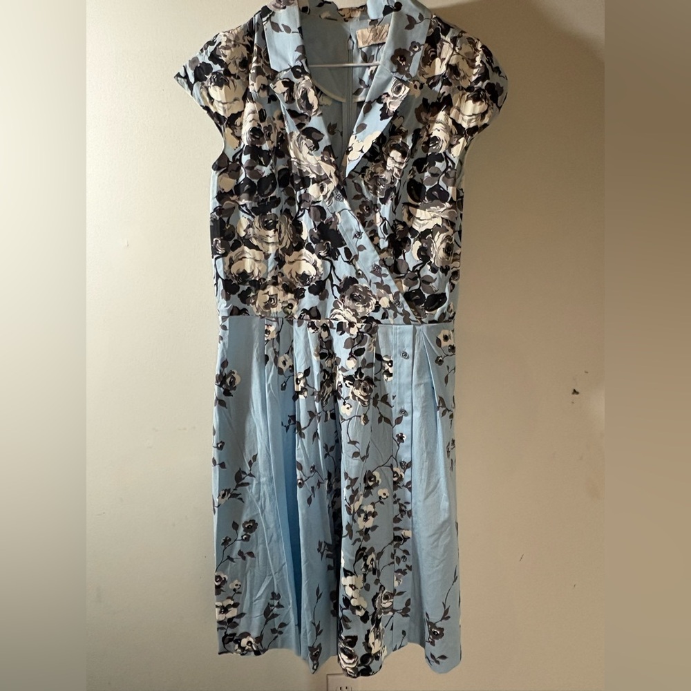 Lela Rose Powder Blue Floral Wrap-Style Midi Dress